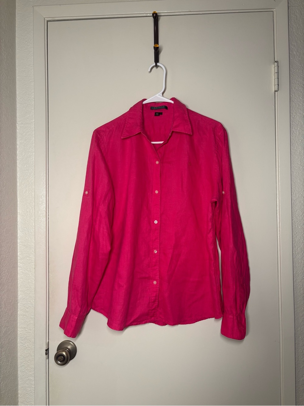 Ralph Lauren Hot Pink 100% Linen Long Sleeve Convertible Roll Tab Top L